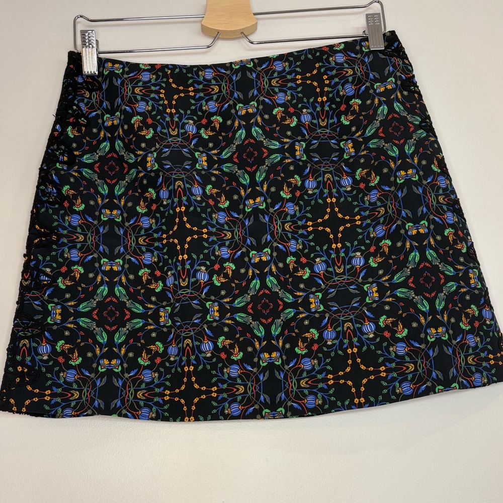 Zara Black Mini Skirt with Multicolor Floral Design and Crochet Detailing